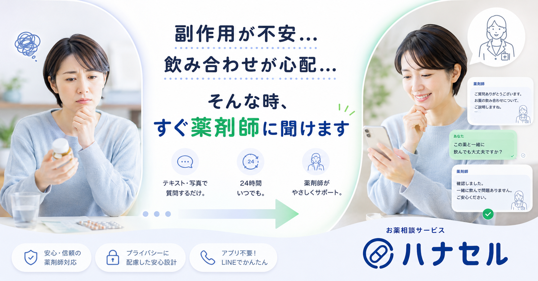 副作用が不安、飲み合わせが心配。そんな時、すぐ薬剤師に聞けます。お薬相談サービス ハナセル
