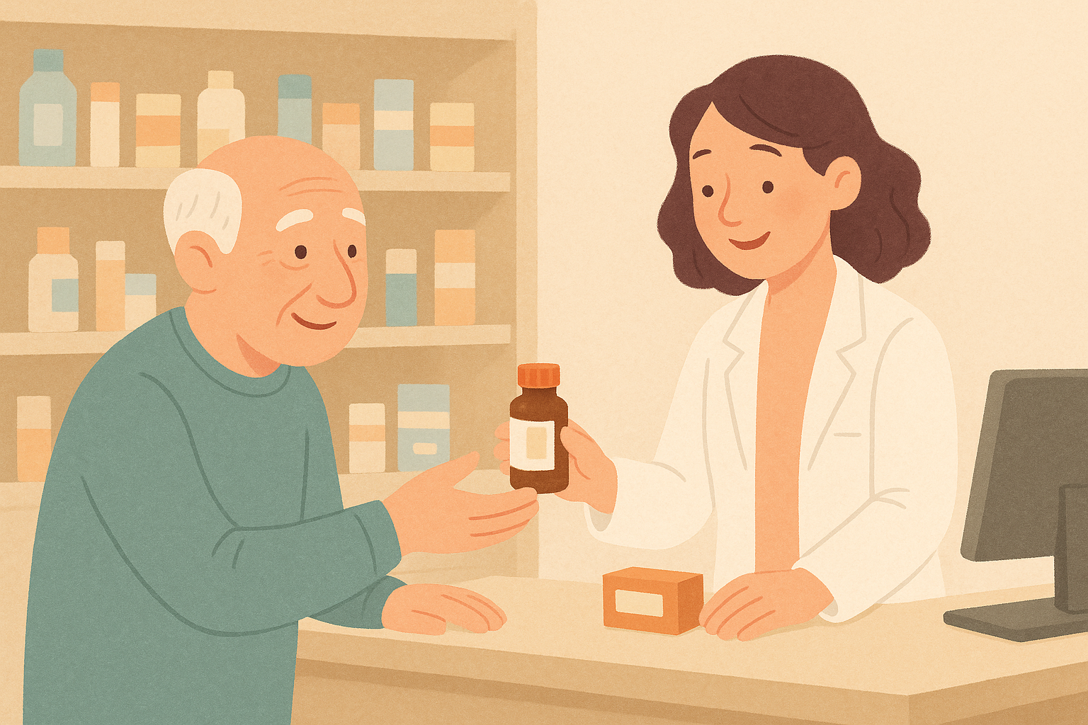 薬局で薬を受け取る患者と薬剤師のイラスト