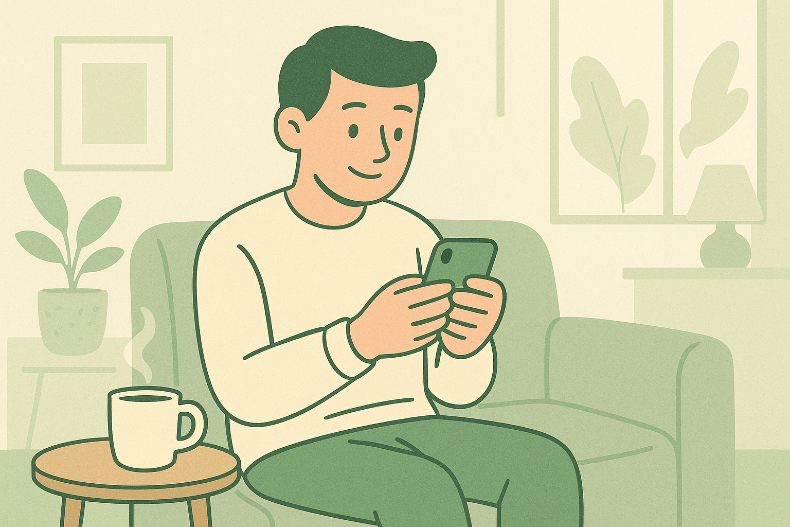 自宅でスマートフォンを使う人のイラスト