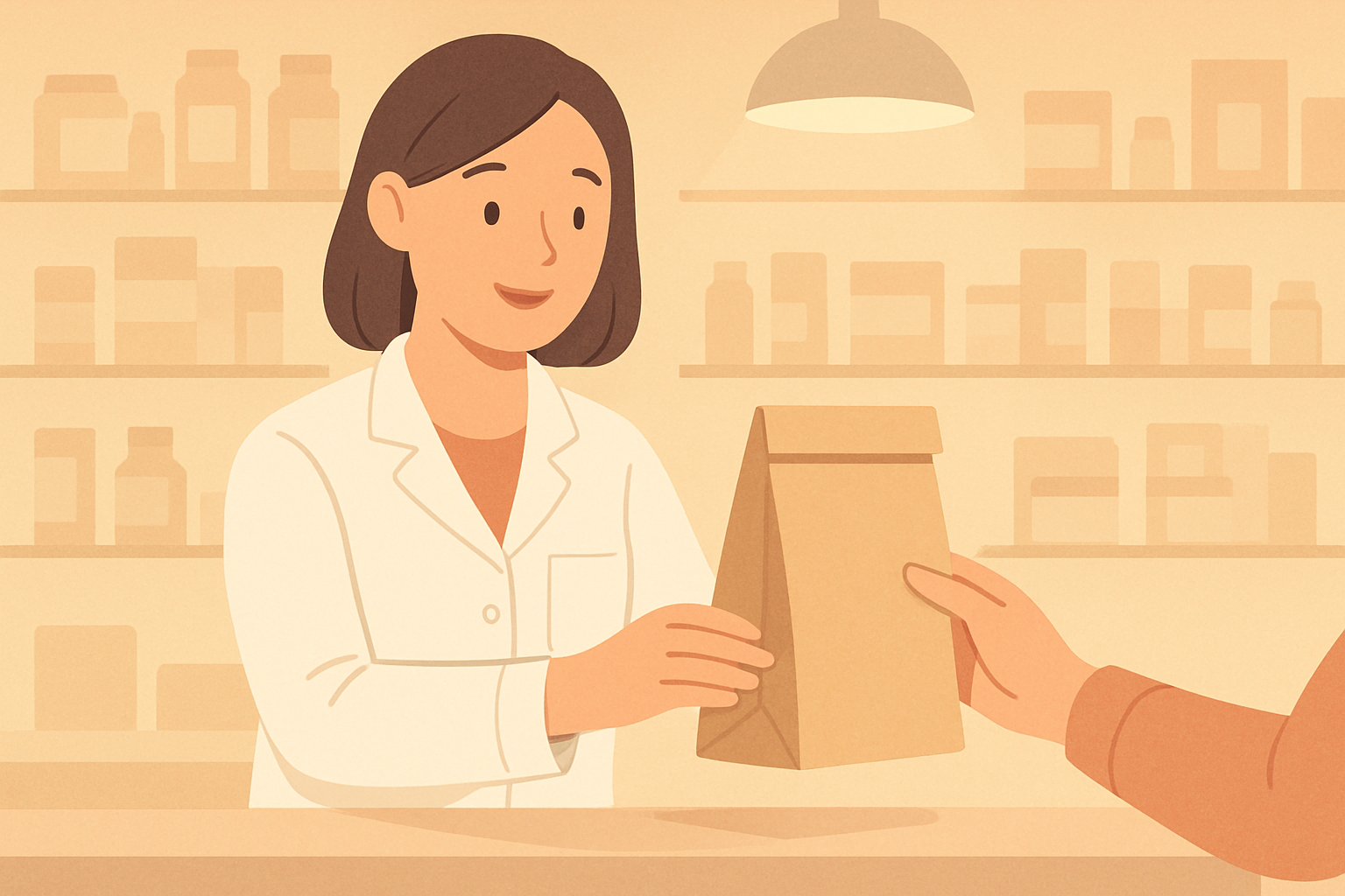薬局のカウンターで薬を受け取る様子