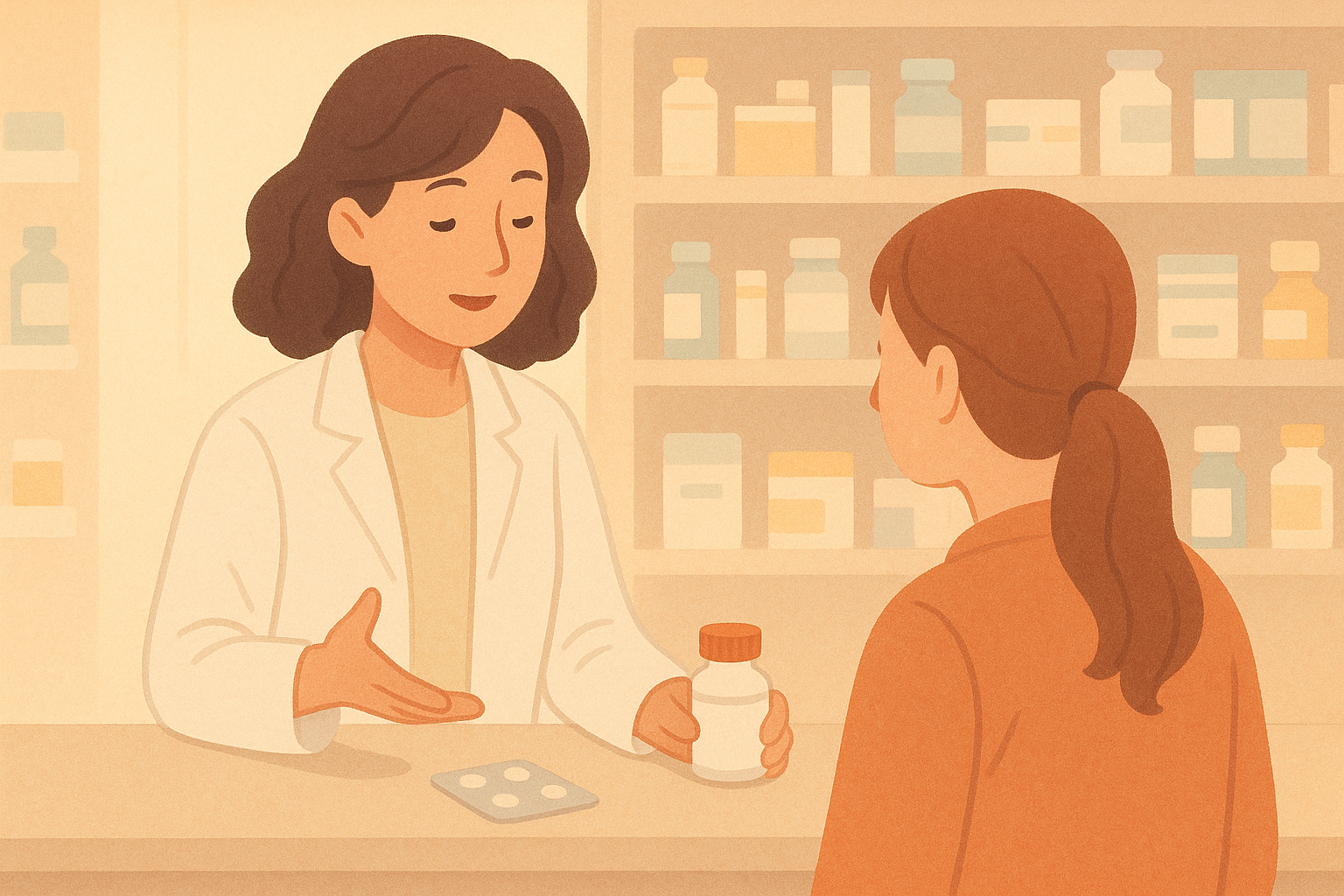 薬局で薬剤師が患者に説明している様子