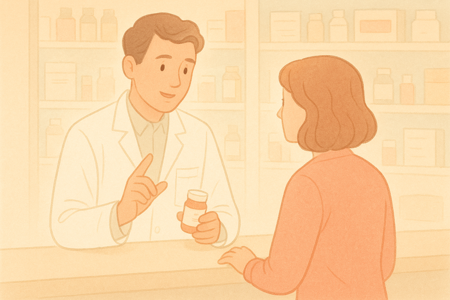 薬剤師が患者にやさしく説明している様子のイラスト