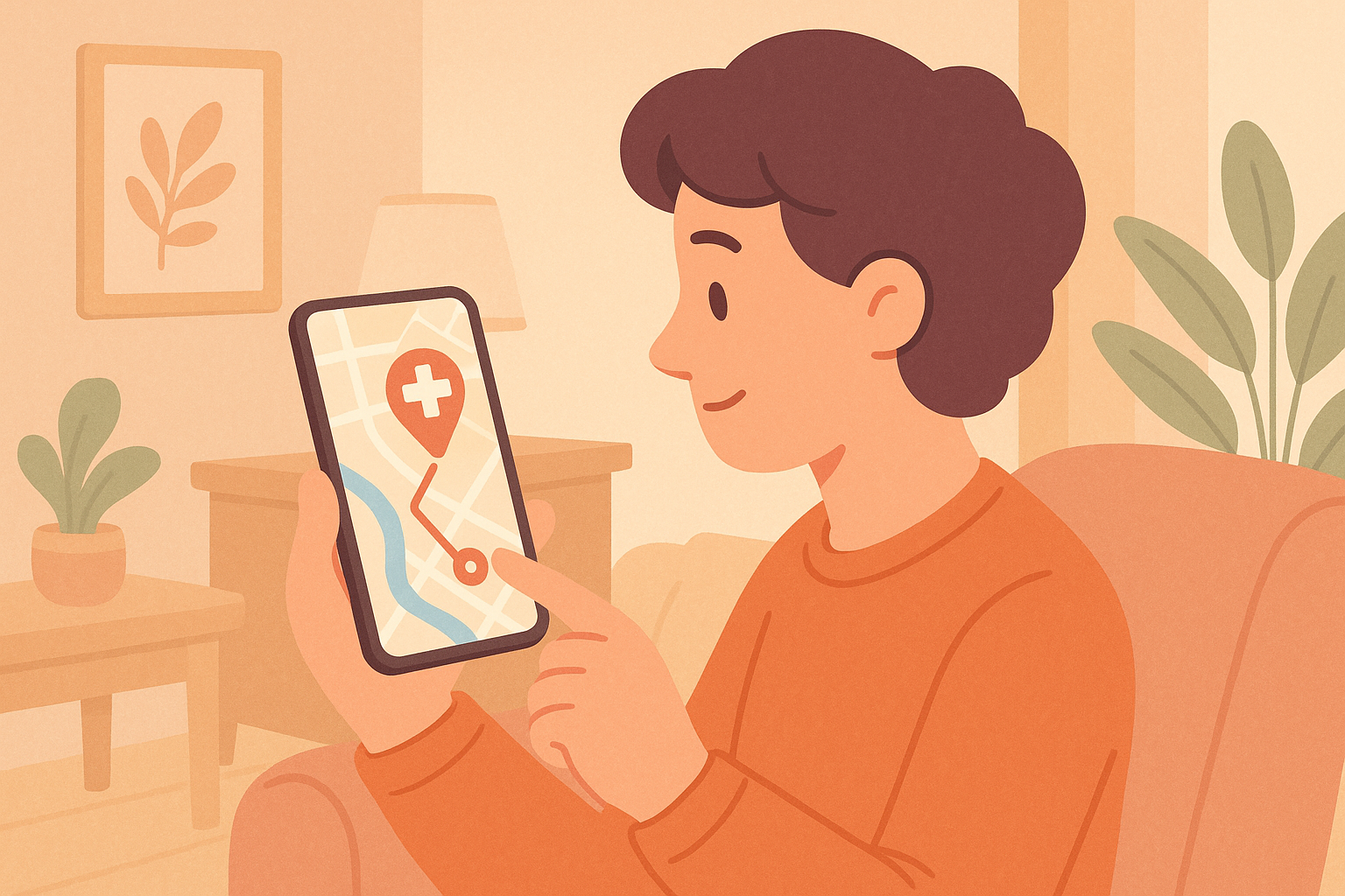スマートフォンで薬局を探す人のイラスト