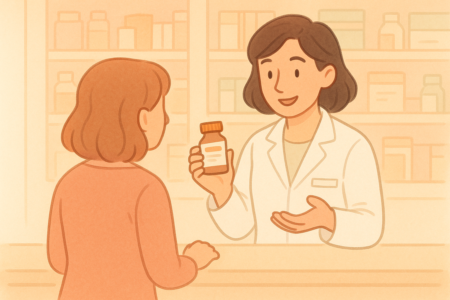 薬局のカウンターで説明を受ける様子