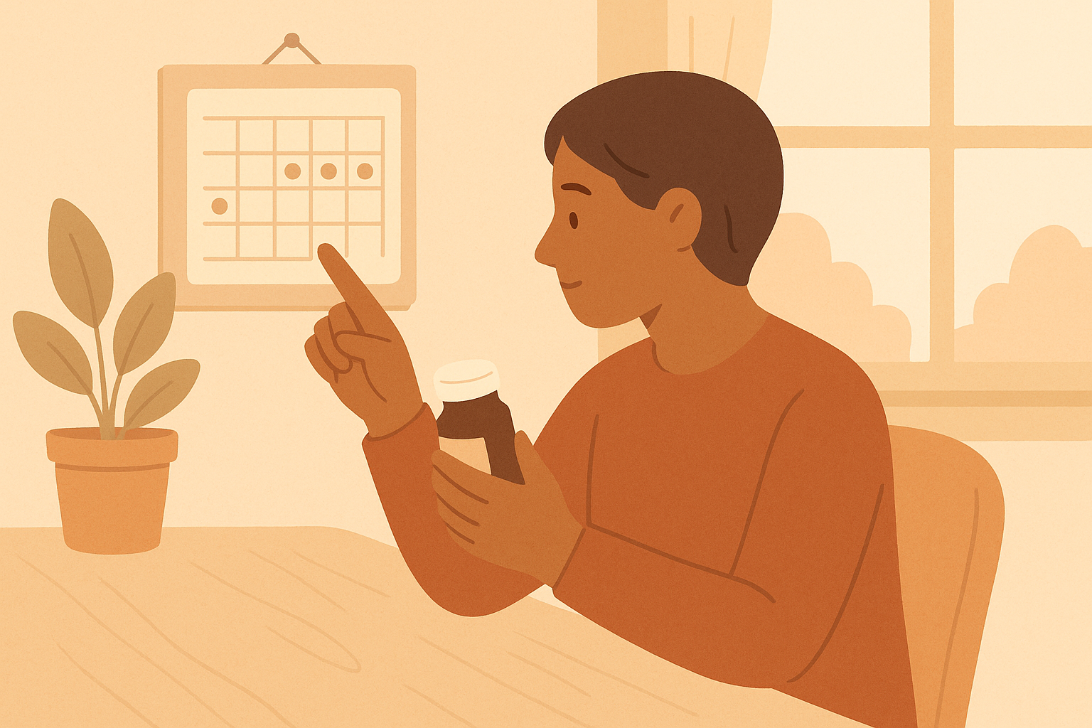 カレンダーと薬を確認する人のイラスト
