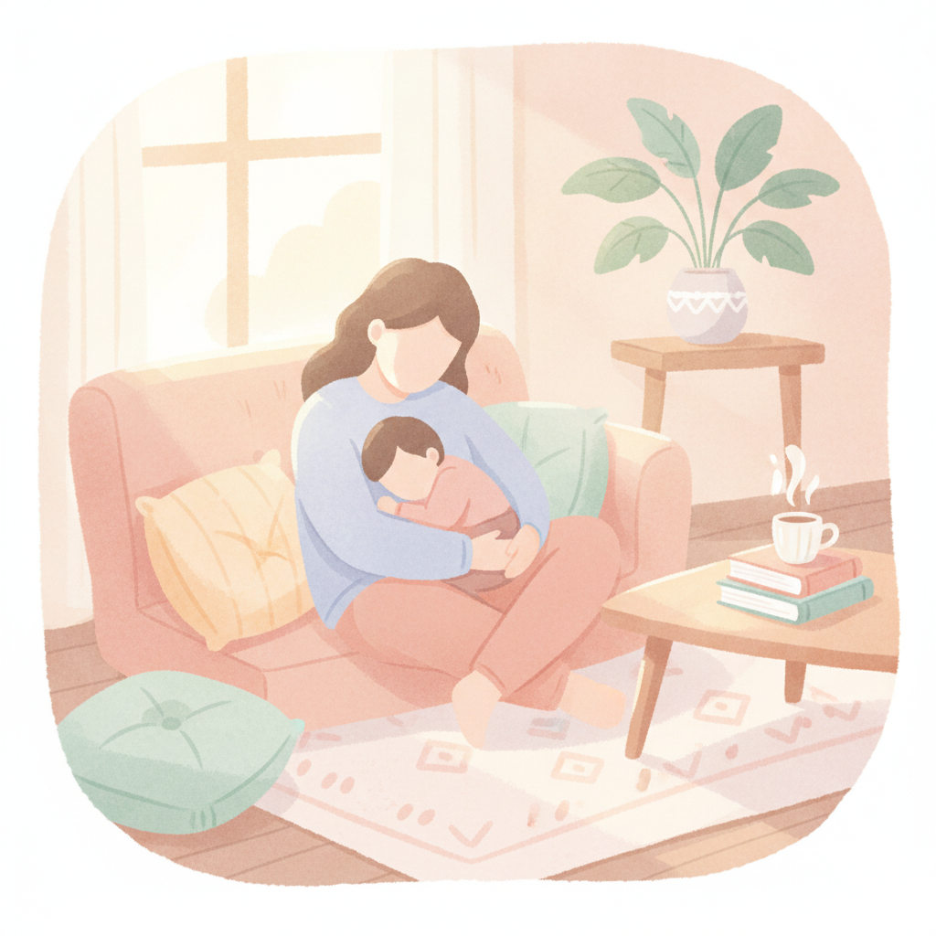 自宅で咳のケアをする様子のイラスト