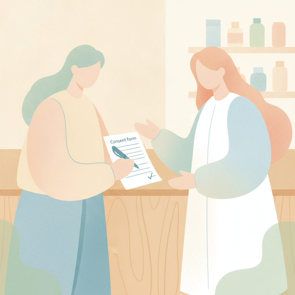 薬局でかかりつけ薬剤師の登録をする様子のイラスト